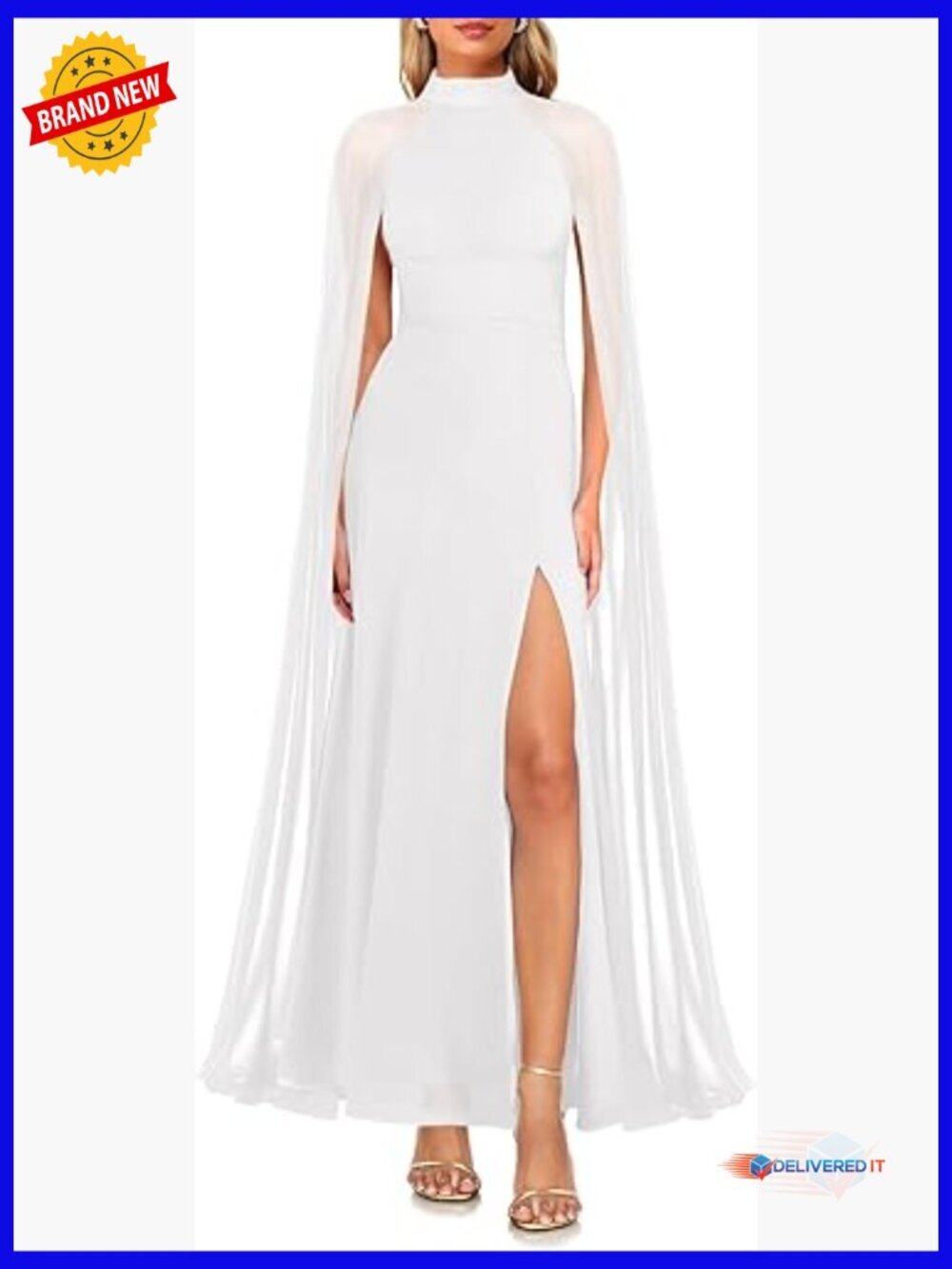 Women's Halter Neck Maxi Formal Dress with Cape Sleeve Side Slit